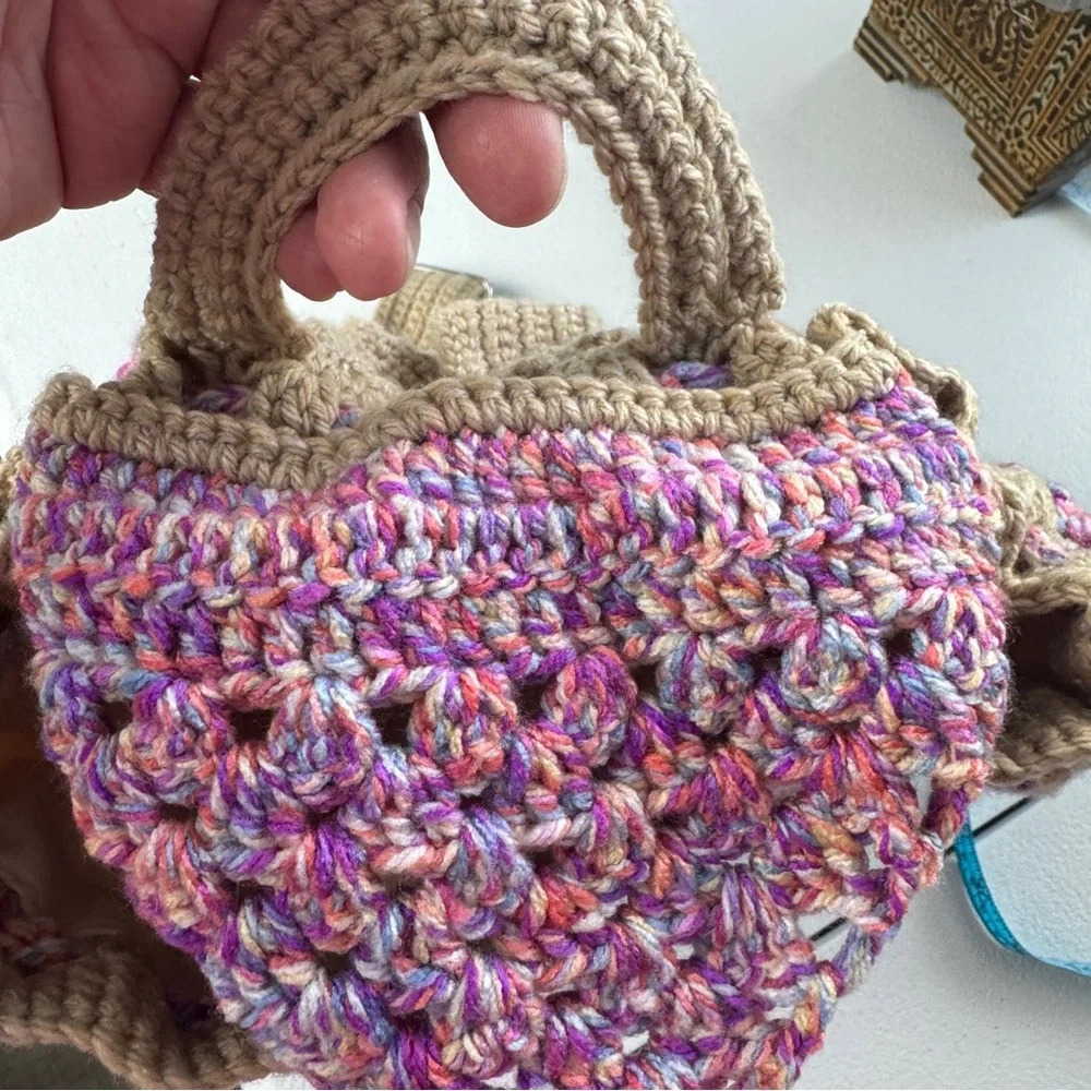 Boho Handmade Crochet Granny Square Drawstring Backpack‎ Bag Purse Pink Tan